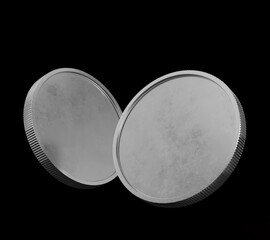 Two Silver Coins Floating, Mockup Template, Banking Concept, Cryptocurrency, 3d Rendered isolated on Black background.