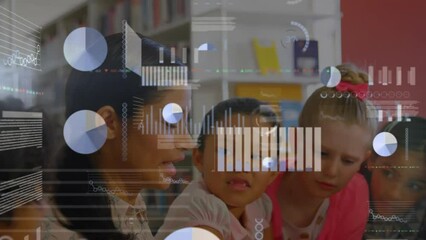 Animation of graphs and trading board over diverse female teacher reading story book for students - Powered by Adobe
