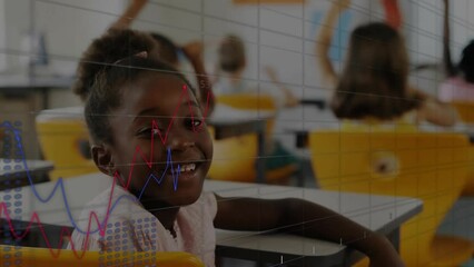 Animation of graphs, changing numbers, close up of african american girl raising hand in classroom - Powered by Adobe