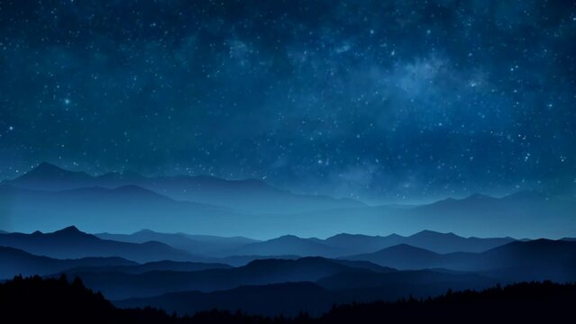 Silhouette of mountains with Stars moving across the night sky, shooting star animation. seamless looping virtual time lapse video animation background. Generated with AI