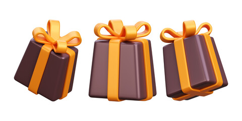 A collection of 3d rendering gift box with a yellow ribbon bows isolated against a transparent background.