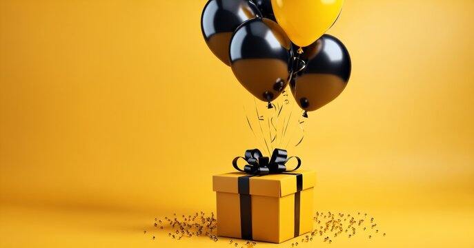 Balloons flying gift box. Black Friday concept. 3d render. on a yellow background with copy space . 