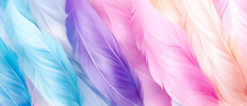 Colorful feathers background. Pastel feather texture. Generative AI