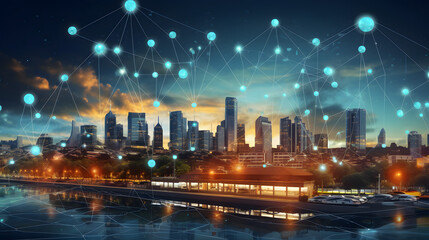 Smart city and communication network concept. 5G. IoT (Internet of Things). Telecommunication. Generative Ai.