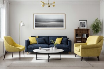 Interior design mockup with picture frame on a Wall. Living room in colors with sofa and painting.