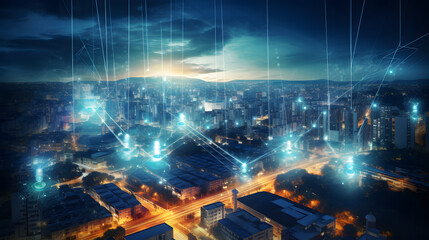 Smart city and communication network concept. 5G. LPWA (Low Power Wide Area). Wireless communication. Generative Ai.