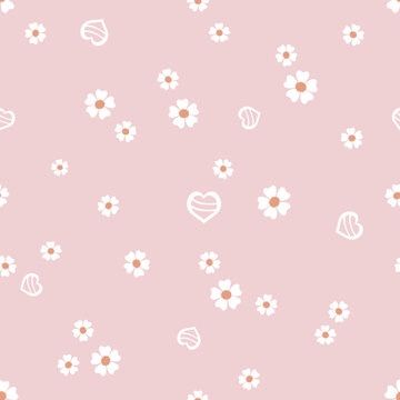 Seamless pattern with daisy flower and white hearts on pink background vector illustration.