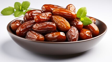 A bowl of pitted dates isolated on a white background