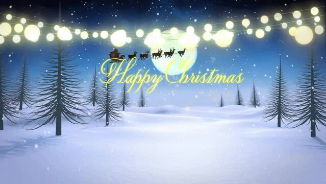 Animation of happy christmas text, trees on snow covered land, santa riding sleigh with reindeers