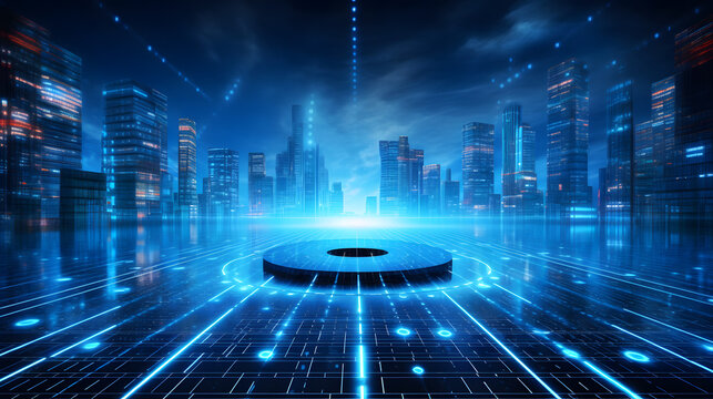 Smart home entertainment and futuristic security on blue abstract digital binary code background. Business technology and Digital transformation concept. Future technology theme. Generative Ai.