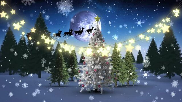 Animation of lights, snowfall, snowflakes, christmas trees over santa riding sleigh with reindeers