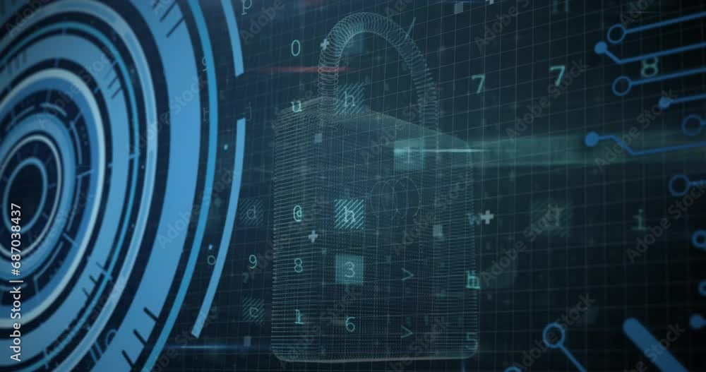 Aufkleber animation of loading circles, computer language over padlock, letters, symbols, texts and numbers