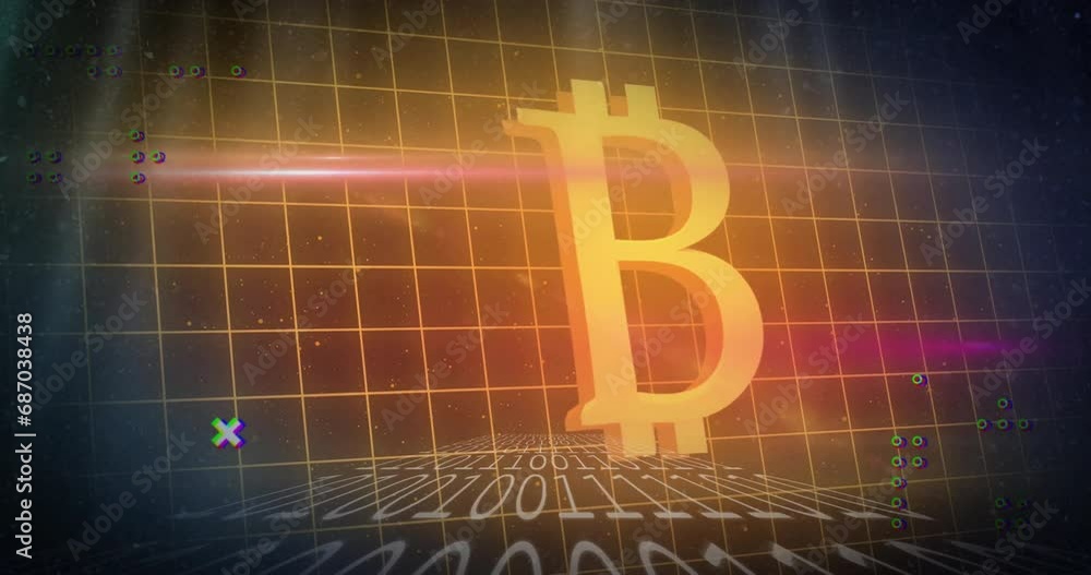 Poster animation of grid pattern, binary codes and bitcoin illuminated symbol over black background