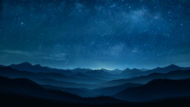 Silhouette of mountains with Stars moving across the night sky, shooting star animation. seamless looping virtual time lapse video animation background. Generated with AI