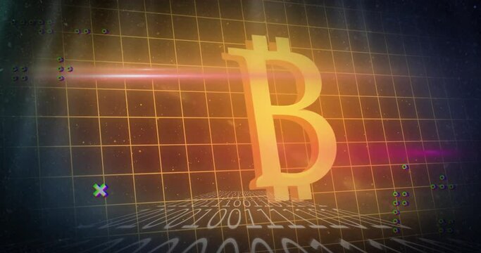 Animation of grid pattern, binary codes and bitcoin illuminated symbol over black background