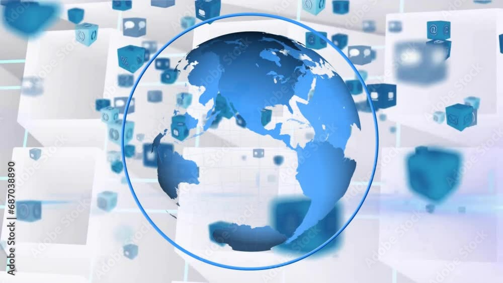 Aufkleber animation of globe in circle and icon in 3d cubes over square against white background