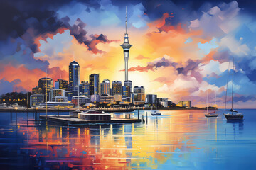 oil painting on canvas, Auckland View from Mt Eden at sunrise. New Zealand. - obrazy, fototapety, plakaty