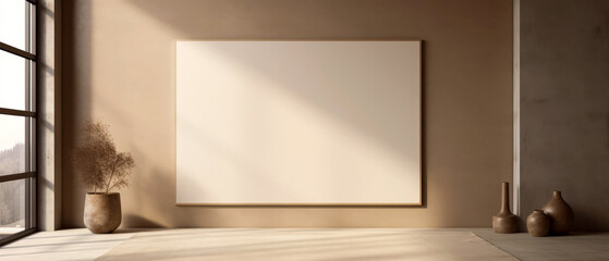 Minimal beige interior mockup with empty frame for text. Contemporary apartment scene, room with furniture. Sunlight and shadow effect. Template for banner. Generative ai