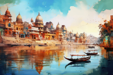oil painting on canvas, Ancient Varanasi city architecture at sunrise with view of sadhu baba enjoying a boat ride on river Ganges. India.
