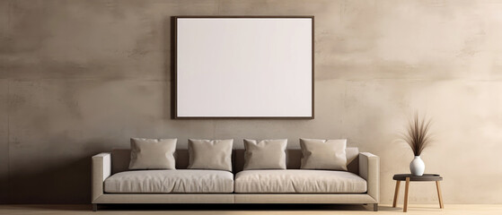 Minimal beige interior mockup with empty frame for text. Contemporary apartment scene, room with furniture. Sunlight and shadow effect. Template for banner. Generative ai