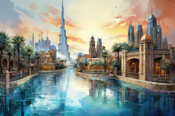 oil painting on canvas, Dubai city - amazing city center skyline and famous Jumeirah beach at sunset, United Arab Emirates. - obrazy, fototapety, plakaty