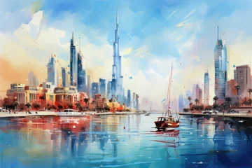 Foto op Plexiglas oil painting on canvas, Dubai city - amazing city center skyline and famous Jumeirah beach at sunset, United Arab Emirates. © ImagineDesign