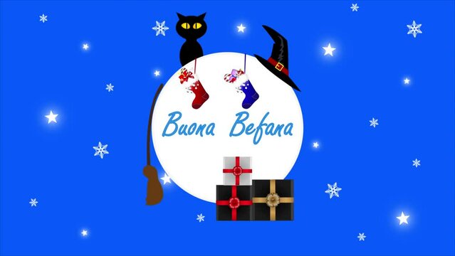 Buona befana epiphany holiday banner with gifts, art video illustration.
