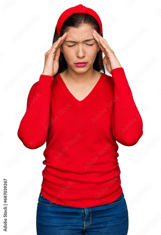 Poster Young hispanic woman wearing casual clothes with hand on head for pain in head because stress. suffering migraine.