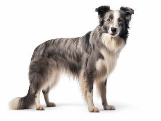 Close-up full-length portrait of a purebred Border Collie Sheepdog. Isolated on a white background.