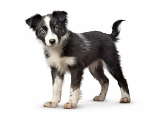 Close-up full-length portrait of a purebred border collie puppy. Isolated on a white background.