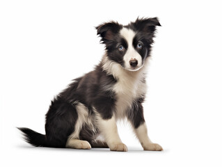 Close-up full-length portrait of a purebred border collie puppy. Isolated on a white background.