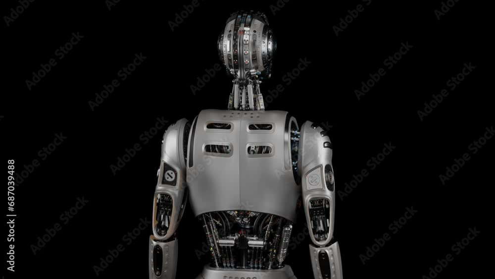 Poster turntable 360 degree animation of futuristic robot or metallic humanoid cyborg. 3d rendering of the 