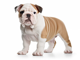 Close-up full-length portrait of a purebred English Bulldog puppy. Isolated on a white background.