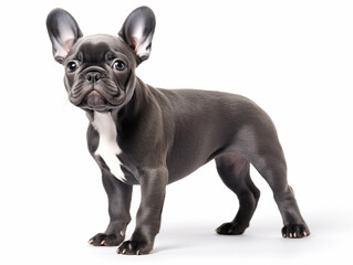 Close-up full-length portrait of a purebred French bulldog puppy. Black suit. Isolated on a white background.