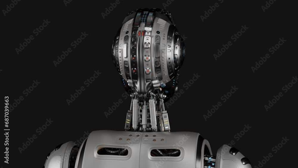 Poster turntable 360 degree animation of futuristic robot or metallic humanoid cyborg. 3d rendering of the 