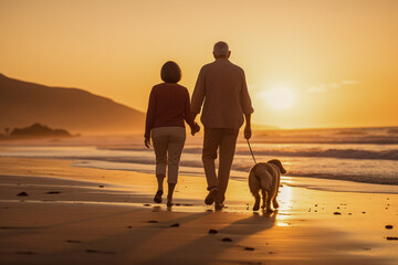 An older retired couple walking their pet dog along a deserted beach at sunset