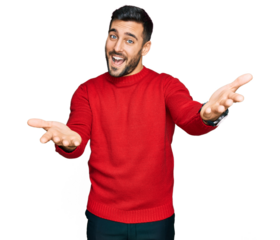 Young hispanic man wearing casual clothes smiling cheerful offering hands giving assistance and acceptance.