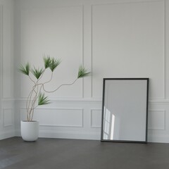 black poster empty picture frame vertical mockup interior on classic white floor. living room design. view of modern style interior on wall. home minimalism concept 3D rendering.