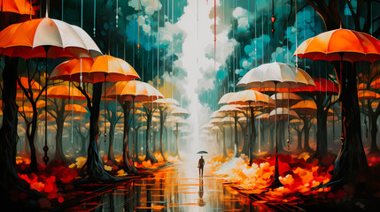 Allée bordée d'arbres en forme de parapluies colorés, scène surréaliste