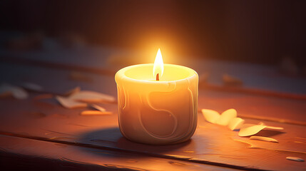 Obraz na płótnie Canvas A glowing candle casting a warm light with a backdrop of soft shadows