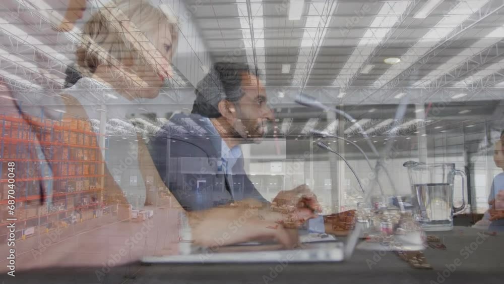 Poster animation of aerial view of warehouse over diverse managers taking interview in office