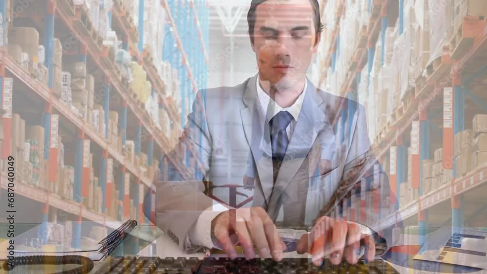 Poster animation of warehouse over caucasian man preparing reports and using computer at office