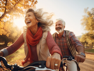 Middle-aged couple cycling in the park, smiling, enjoying life