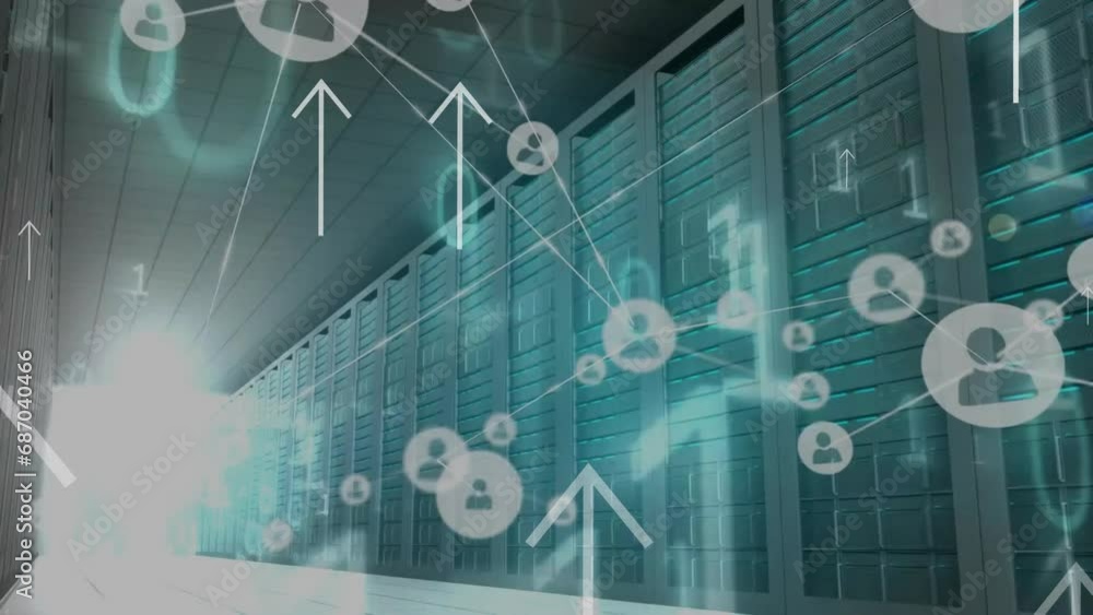 Poster animation of binary codes, connected icons, up arrows over data server room