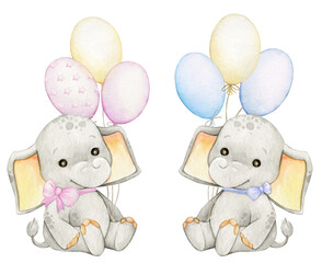 Cute elephants, pink blue balloons. Watercolor set, in cartoon style, on an isolated background.