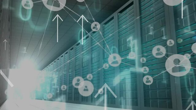 Animation of binary codes, connected icons, up arrows over data server room
