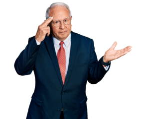 Senior man with grey hair wearing business suit and glasses confused and annoyed with open palm showing copy space and pointing finger to forehead. think about it.