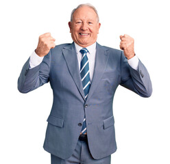 Senior handsome grey-haired man wearing elegant suit showing arms muscles smiling proud. fitness concept.