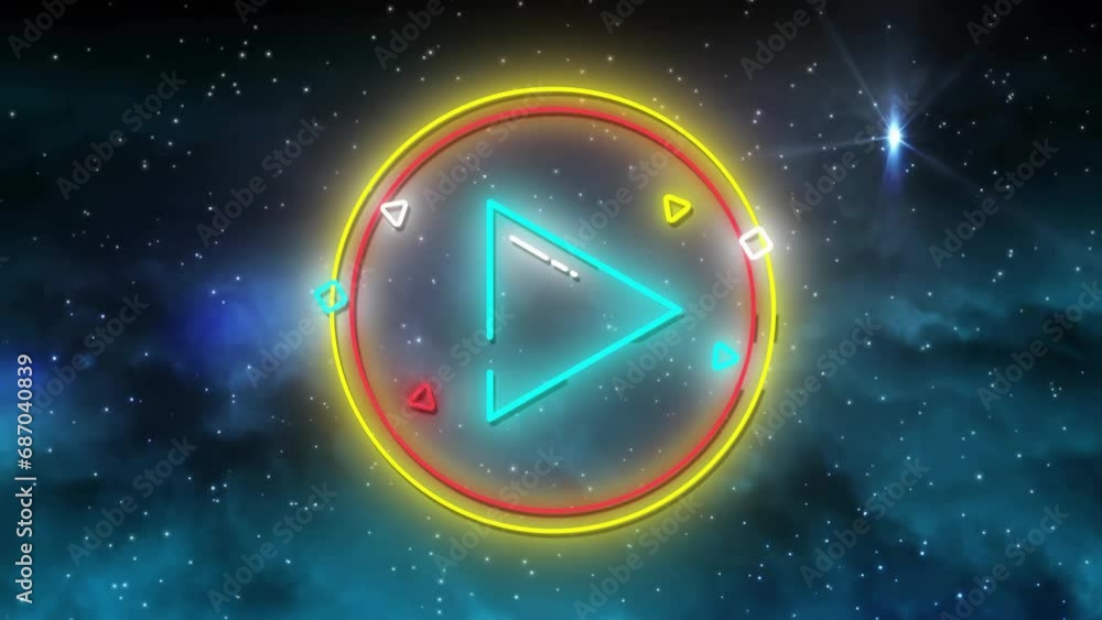 Poster animation of geometric shapes and triangle in circles with stars against abstract background