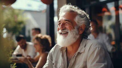 smile of senior businessman in a restaurant with sunlight. a man sitting at a small wooden table outdoors,  - obrazy, fototapety, plakaty